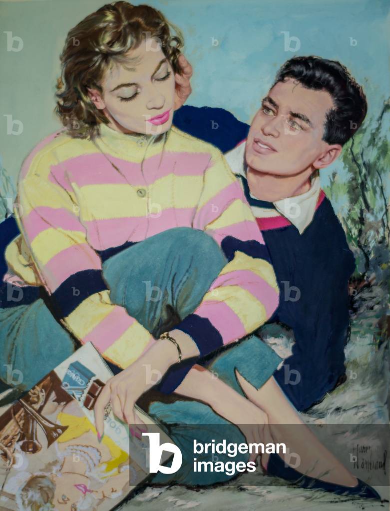Magazine illustration of a couple, c.1956-58 (poster colour on board)