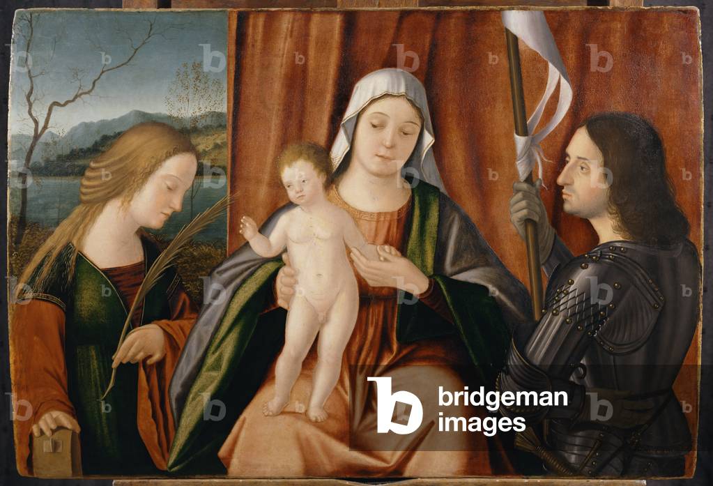 Madonna and Child with Saints Catherine of Alexandria and either George or Liberale (oil on panel)