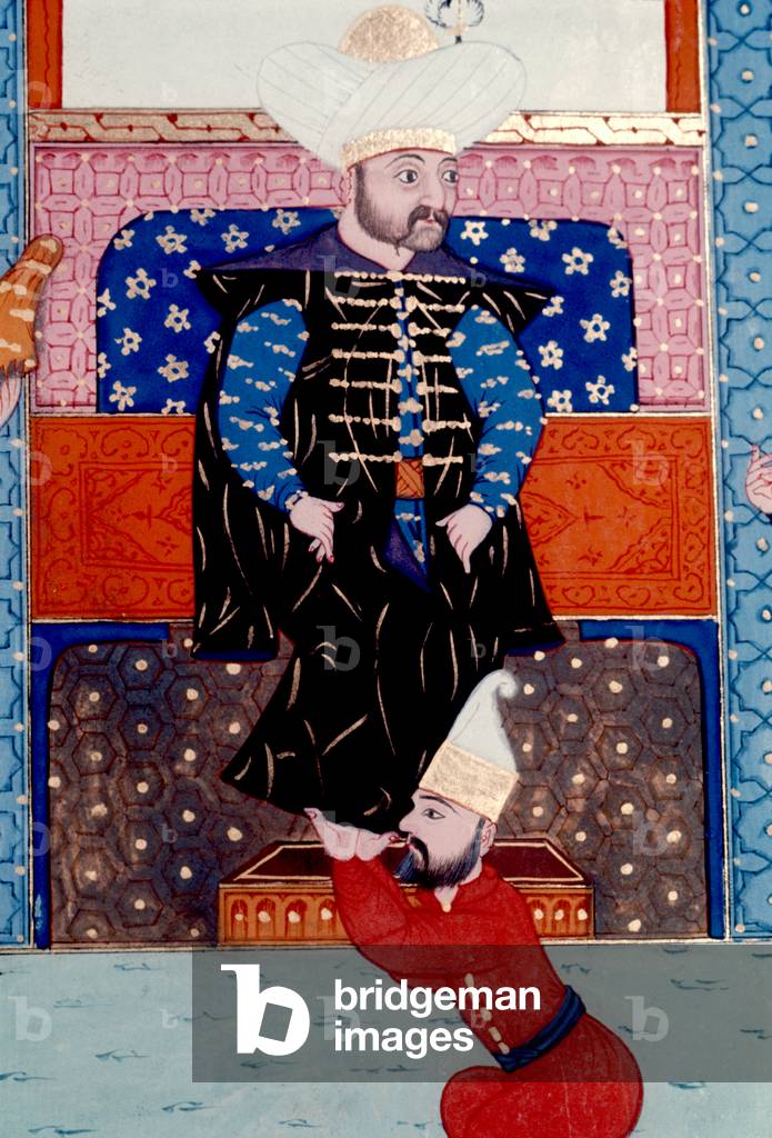Murad I, Ottoman sultan 1362-1389, with supplicant kissing his foot, detail