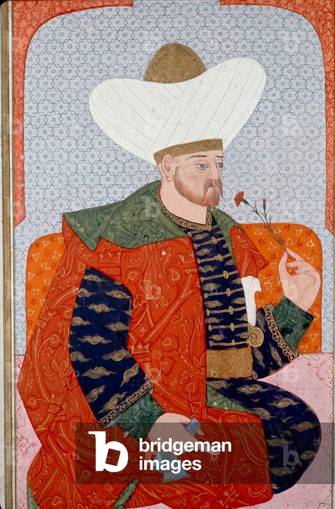 Portrait of Beyazid I, Ottoman sultan 1389-1402, holding a flower and a handkerchief
