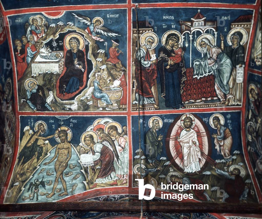 Wall paintings above south door of nave, Nativity, Presentation, Baptism, Transfiguration (wall painting)