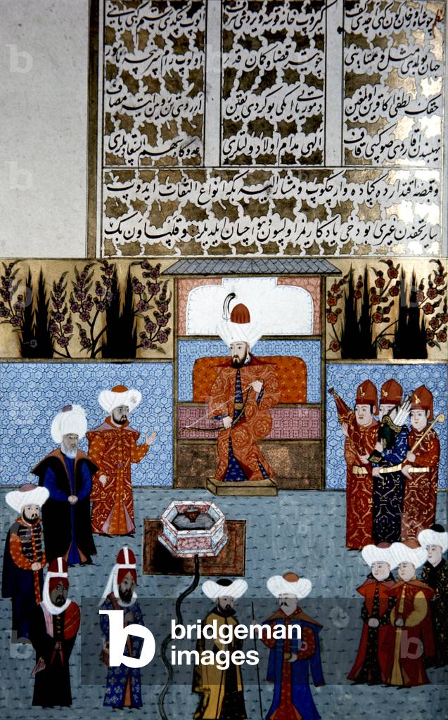 Ms H1523 p.72A, Sultan Orhan presents a bow to the Egyptian ambassador (vellum)
