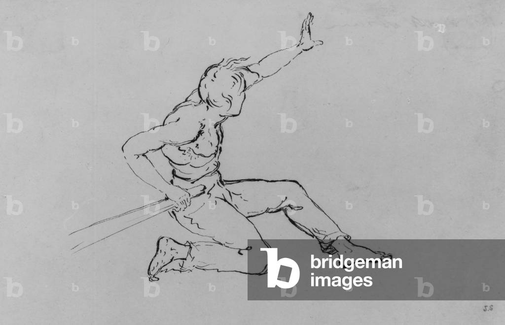 Joshua Shaw's Sketch Of A Man On One Knee With His Left Arm Outstretched And His Right Hand Hold A Pole