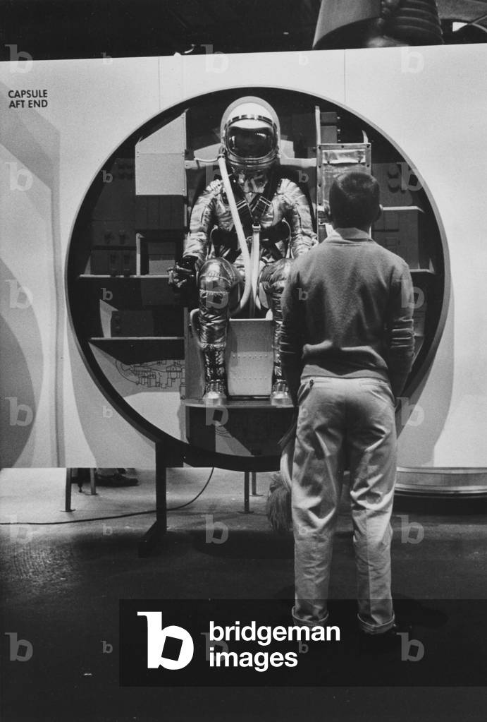 A Young Boy Looking at a Display of an Astronaut, Museum of Science and Industry, Chicago, Illinois, c.1970 (b/w photo)