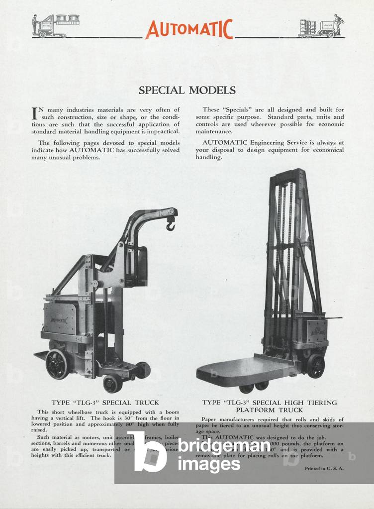 Automatic Transportation Company's Special Models Of Automatic Units, A Type TLG-3 Special Truck And A Type TLG-3 Special High Tiering Platform Truck