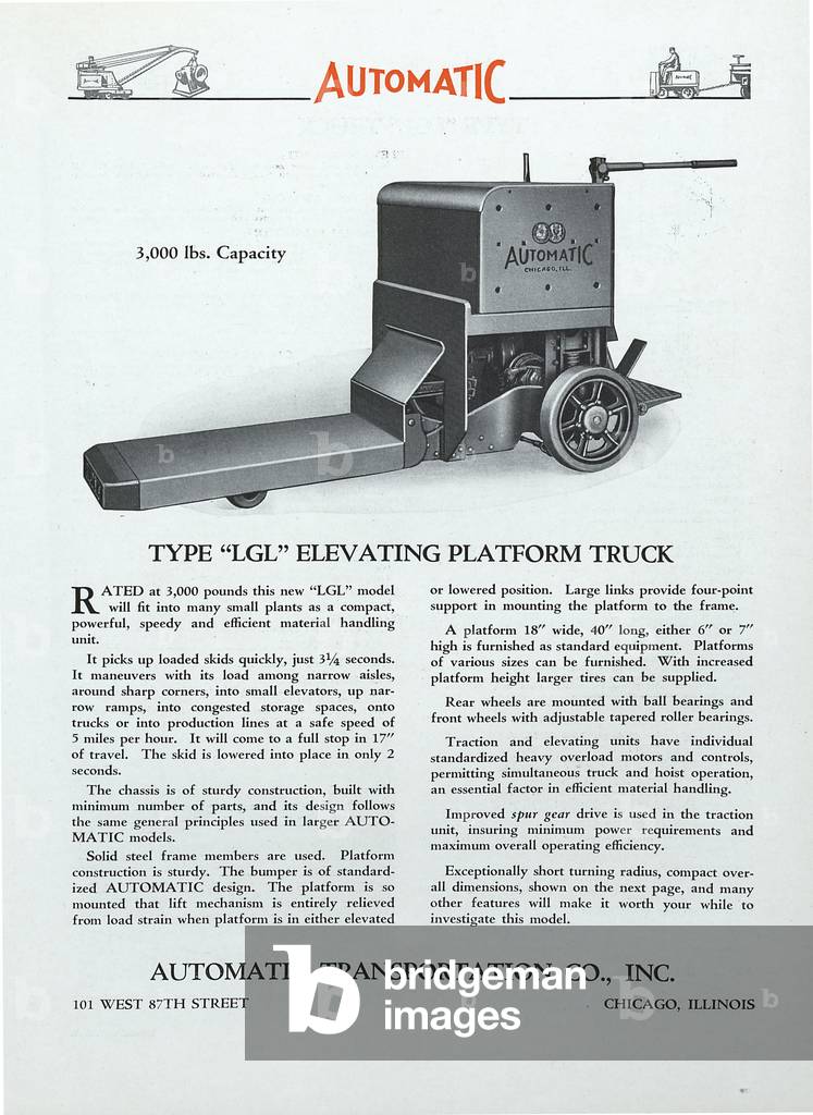 Automatic Transportation Company's Type LGL Elevating Platform Truck With A Three-Thousand Pound Capacity