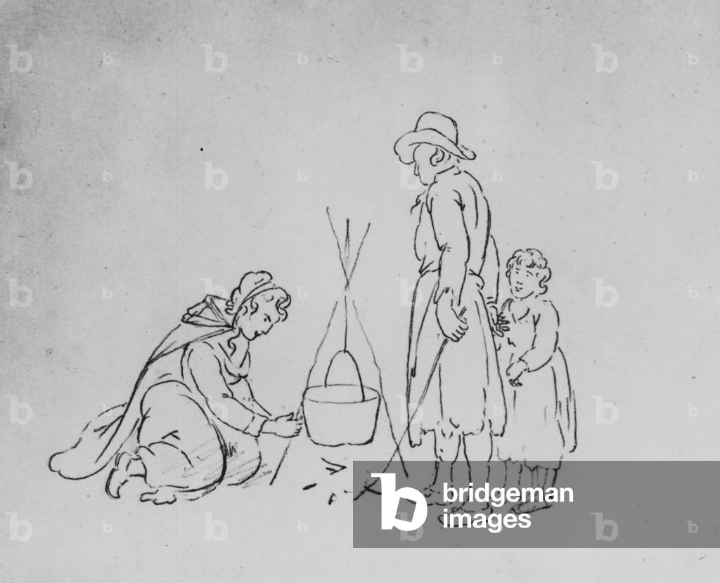 Joshua Shaw's Sketch Of A Woman Cooking Over A Camp Fire As Her Family Looks On