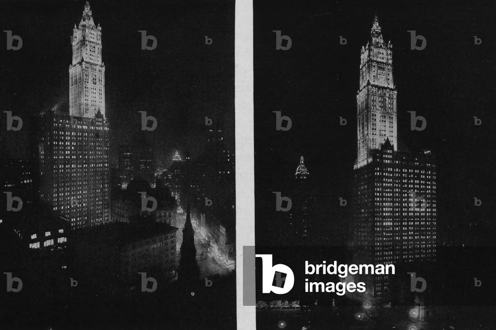 Two Different Night Time Images Of The Woolworth Building, Also Known As The Cathedral Of Commerce, Showing It Illuminated By Lights