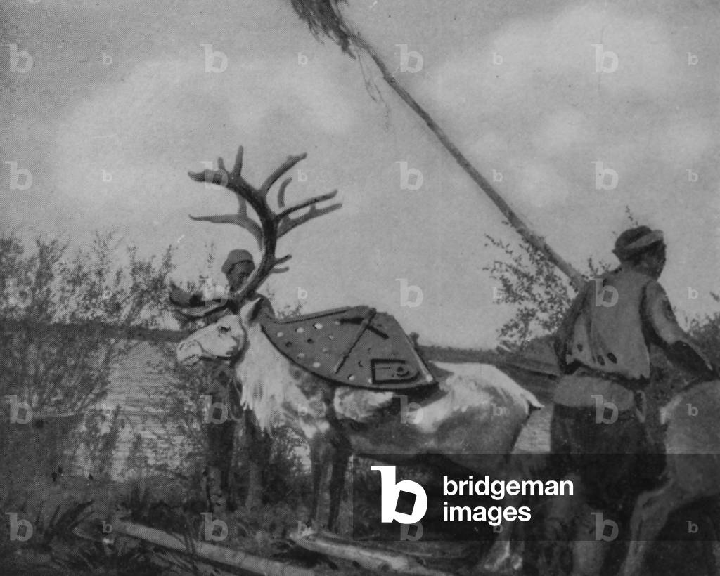 Two Men Transporting A New York Engineering Company Empire Drill In Siberia Using Reindeer