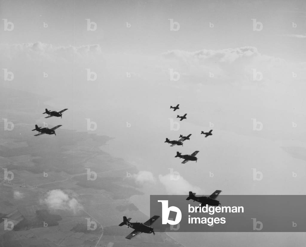 Ten Wildcats In Flight Over The Coast