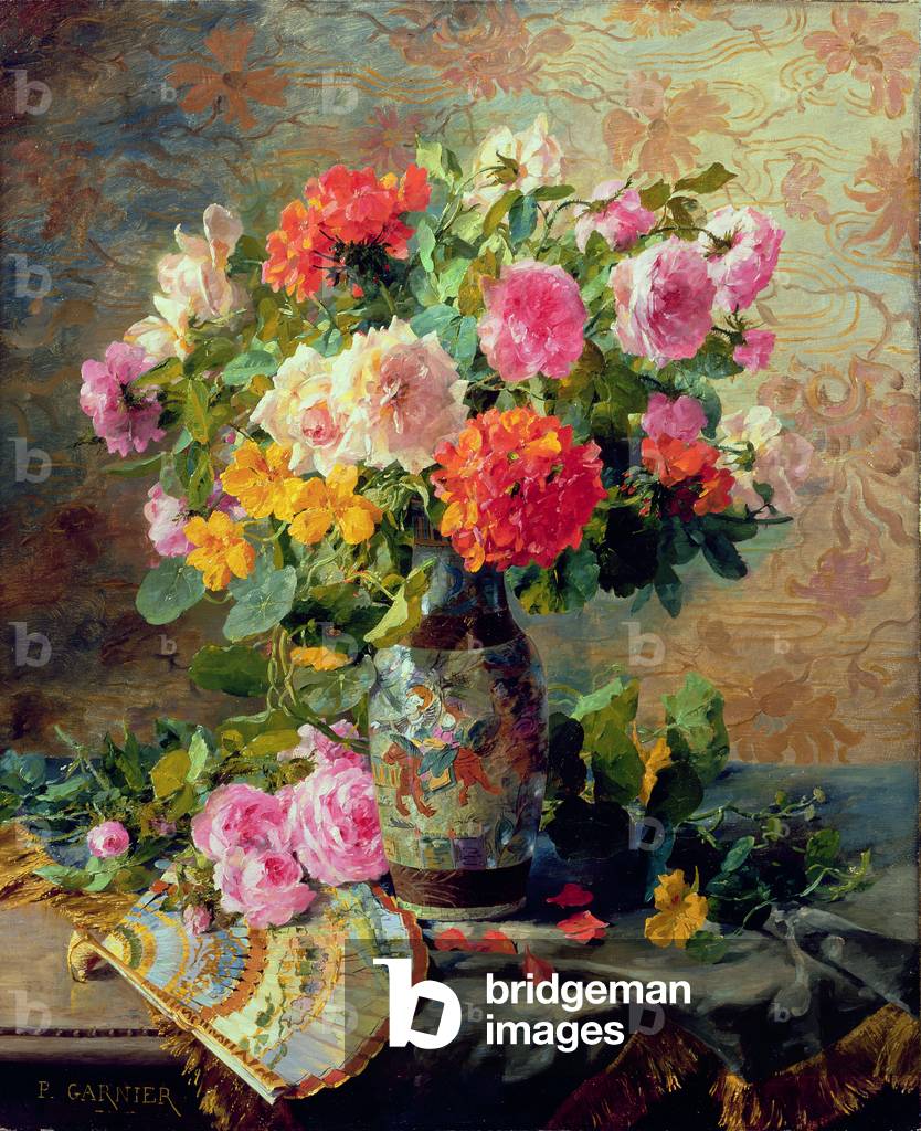 vaso di fiori e un ventilatore olio su tela