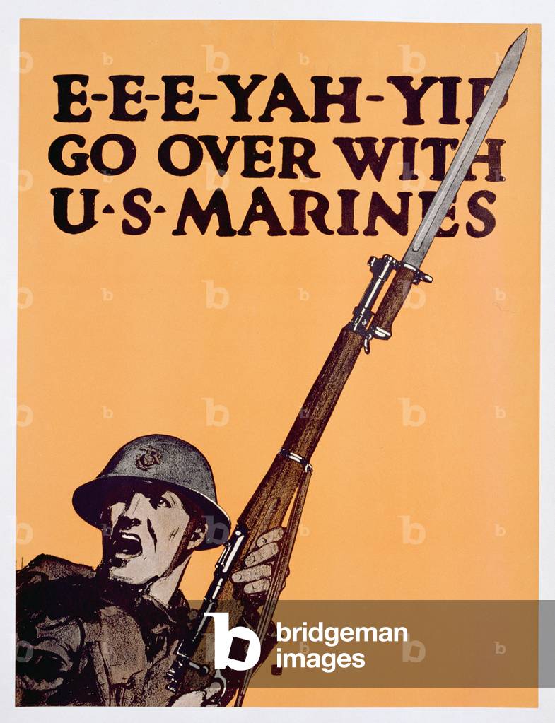 'E-e-e-yah-yip, Go over with US Marines, World War One Reclutamento poster, c.1917 (color lito)