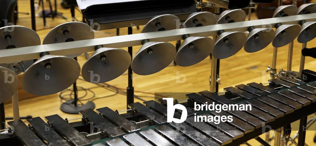 Aluphone, Metal percussion instrument made in Denmark. As used in the opening ceremony of the 2012 Olympic Games, London, UK. Here, used in Mark Bowden's Percussion concerto set-up. Below, 3.5 ocatve pedal Glockenspiel.