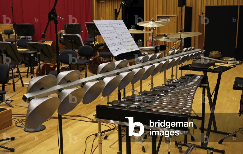 Aluphone, Metal percussion instrument made in Denmark. As used in the opening ceremony of the 2012 Olympic Games, London, UK. Here, used in Mark Bowden's Percussion concerto set-up. Below, 3.5 ocatve pedal Glockenspiel, suspended cymbals, cowbells, brake