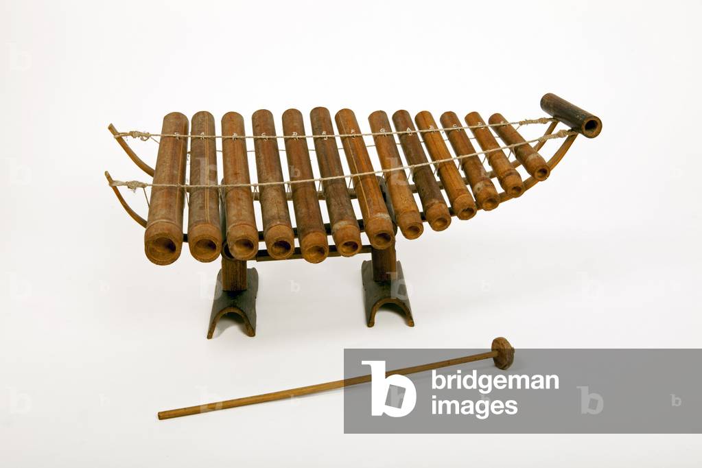 A bamboo xylophone, a traditional Asian folk percussion  instrument