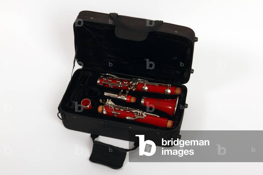 Red B flat clarinet in a case