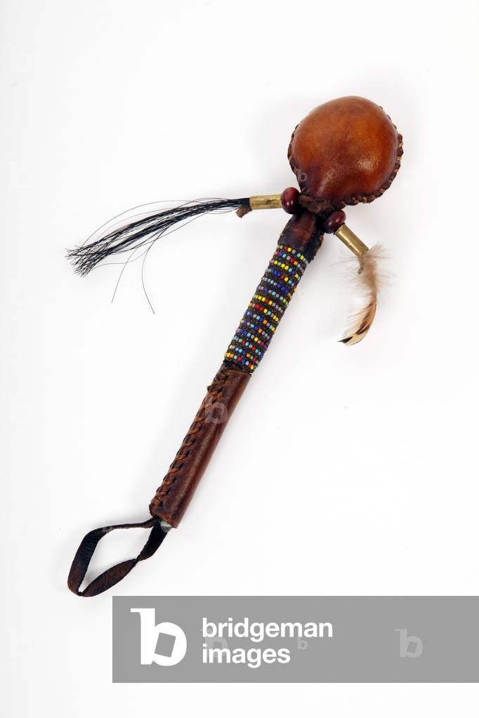 Beaded Shamanic Horse hide and Applewood rattle. Red Indian instrument also used for healing