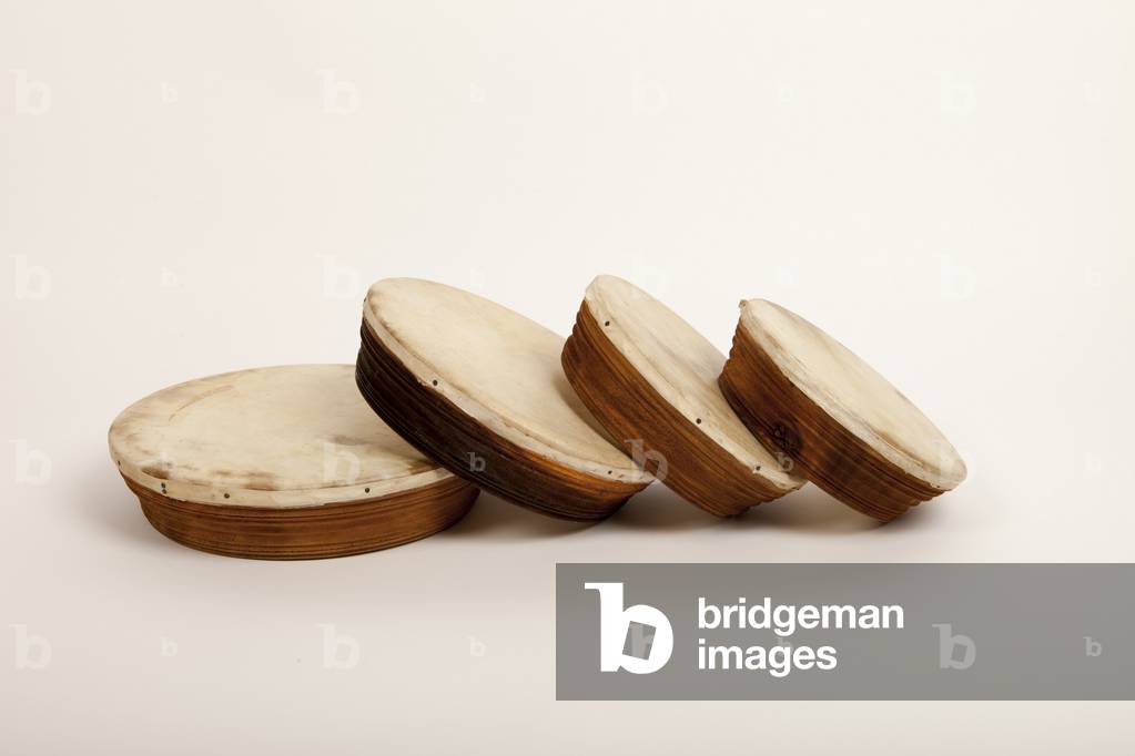 Set of four hand drums or frame with natural animal skins. Also know as Deff, def or daf. Made in  Sri Lanka