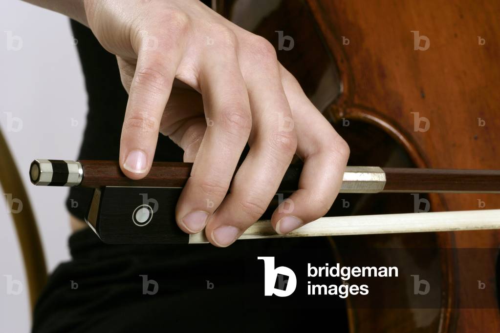 Cello -  close-up of a cellist 's hand holding the bow and showing the position of the fingers. Cellist.