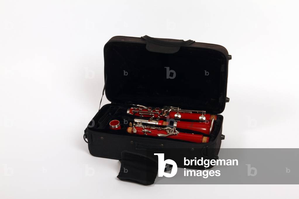 Red B flat clarinet in a case