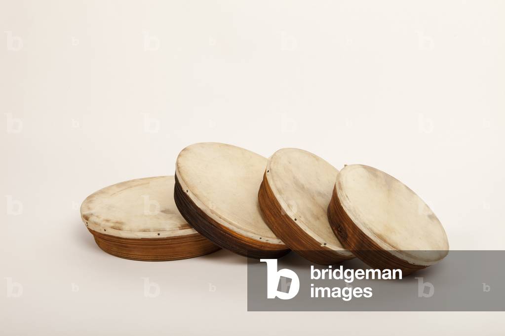 Set of four hand drums or frame with natural animal skins. Also know as Deff, def or daf. Made in  Sri Lanka