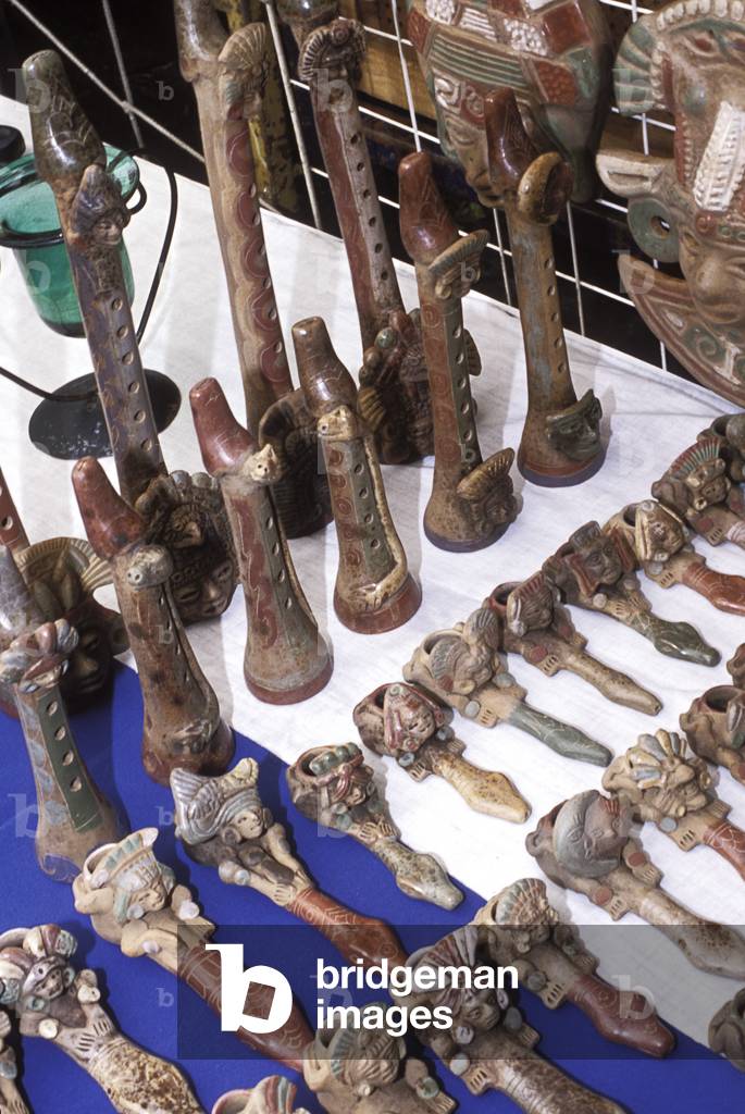 Stall displaying range of Mexican clay flutes