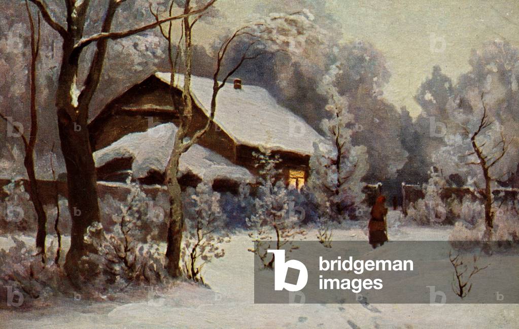 Russian winter with house covered with snow and person nearing home (painting)