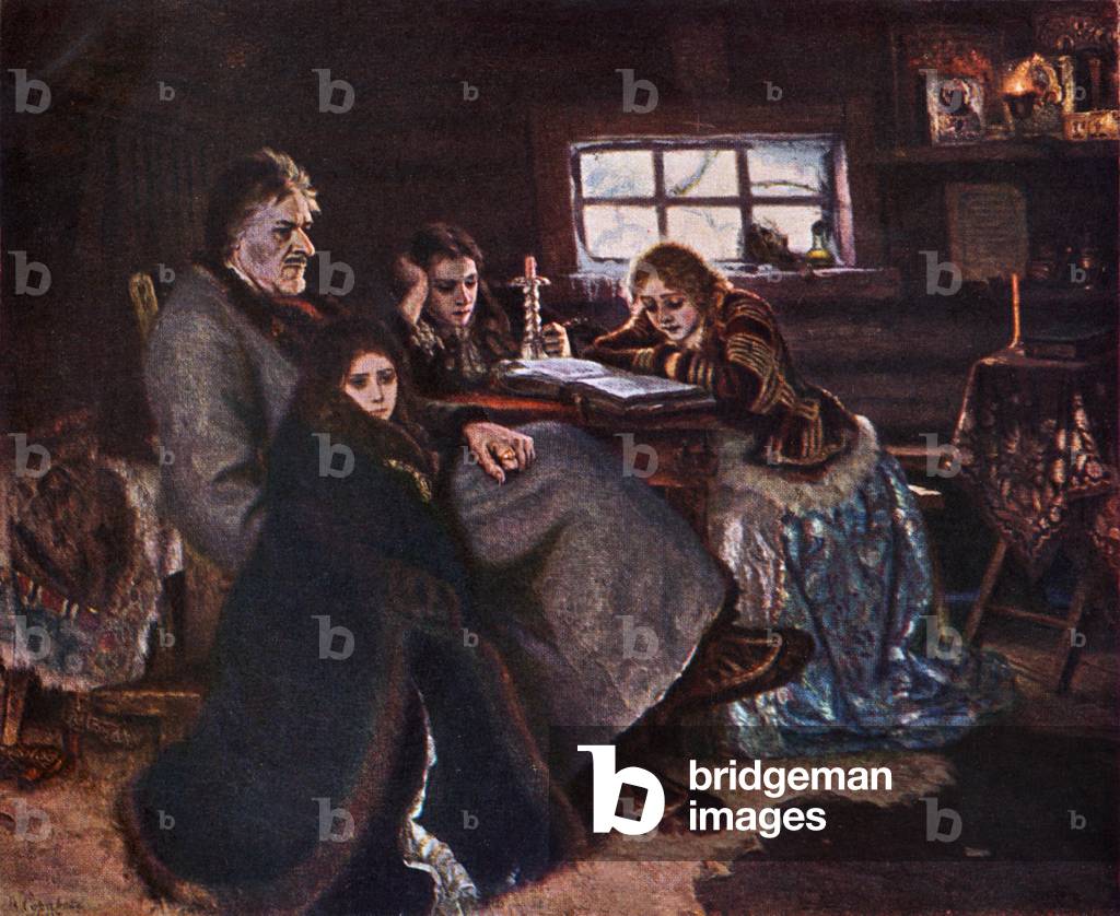 Count Alexsander Danilovich Menshikov with his daughters in exile in Siberia