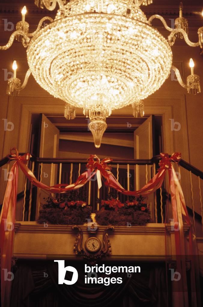 Crush bar chandelier at London Royal Opera House, Covent Garden, before restoration