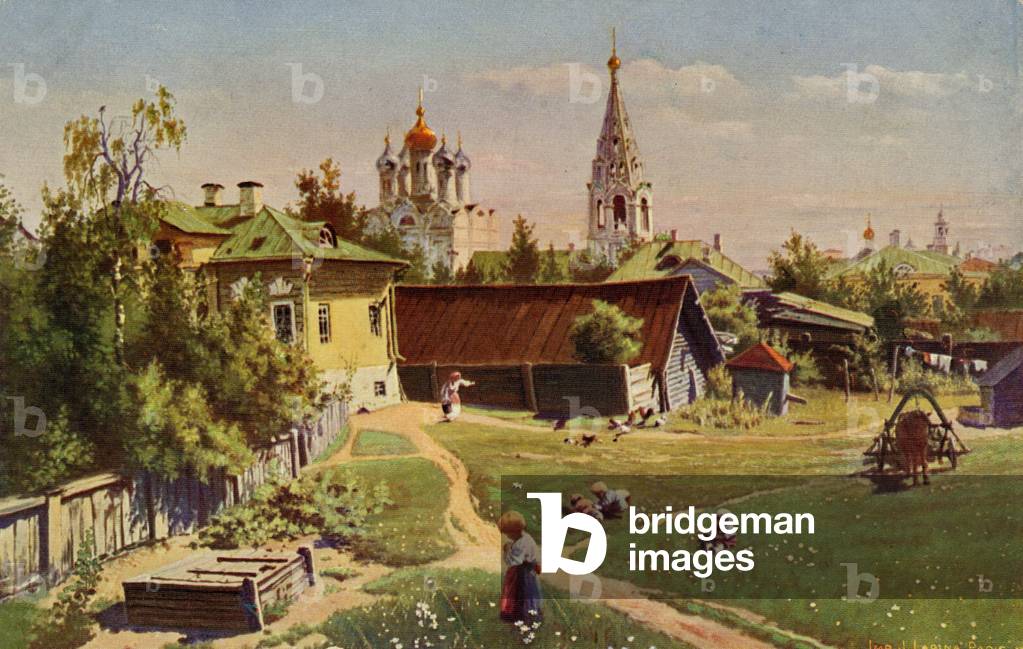 Moscow courtyard with onion dome church in background