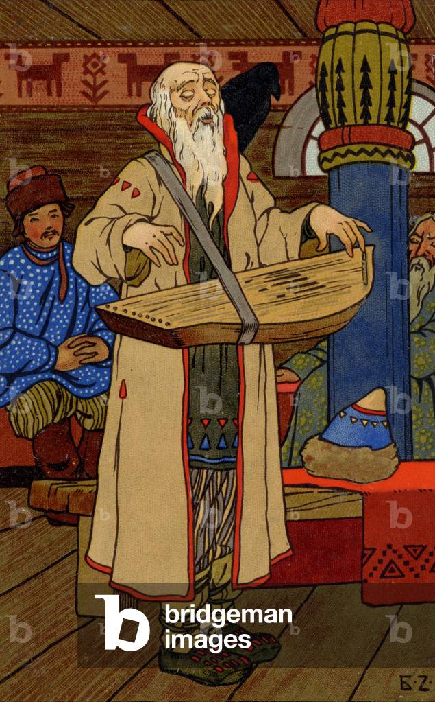 Old Russian musician playing gusle cymbalom - zither type instrument