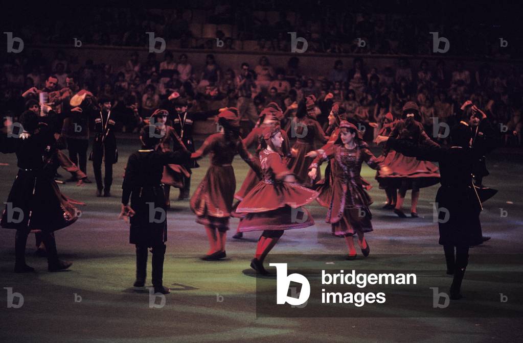 Folk dancers wearing national costumes of different Russian Soviet regions, International Children's Festival, Moscow