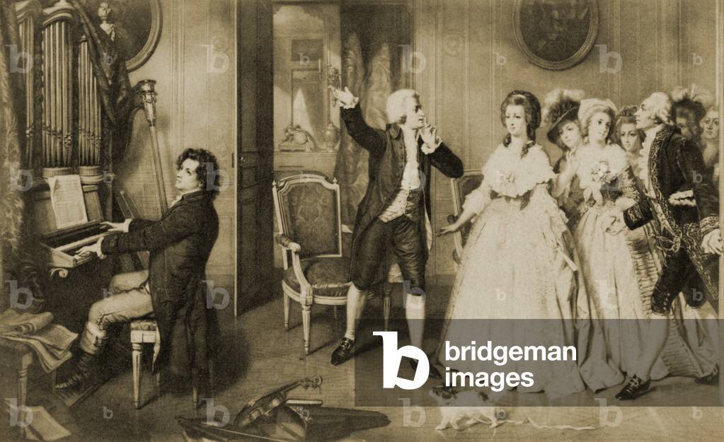 Ludwig van Beethoven, German composer,  playing the piano and Mozart in Vienna, with Wolfgang Amadeus Mozart, Austrian composer, urging people to be quiet