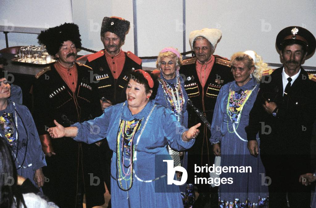 Cossack dancers  and singer wearing traditional folk dress, Novorossiysk, Russia