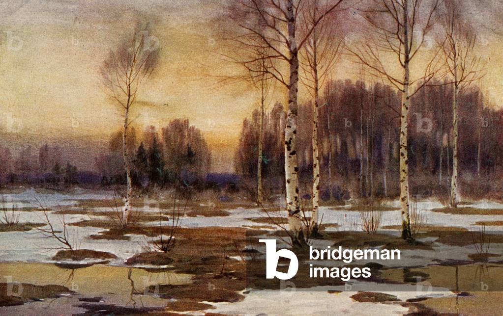 End of Russian winter with melting snow and birch trees (painting)