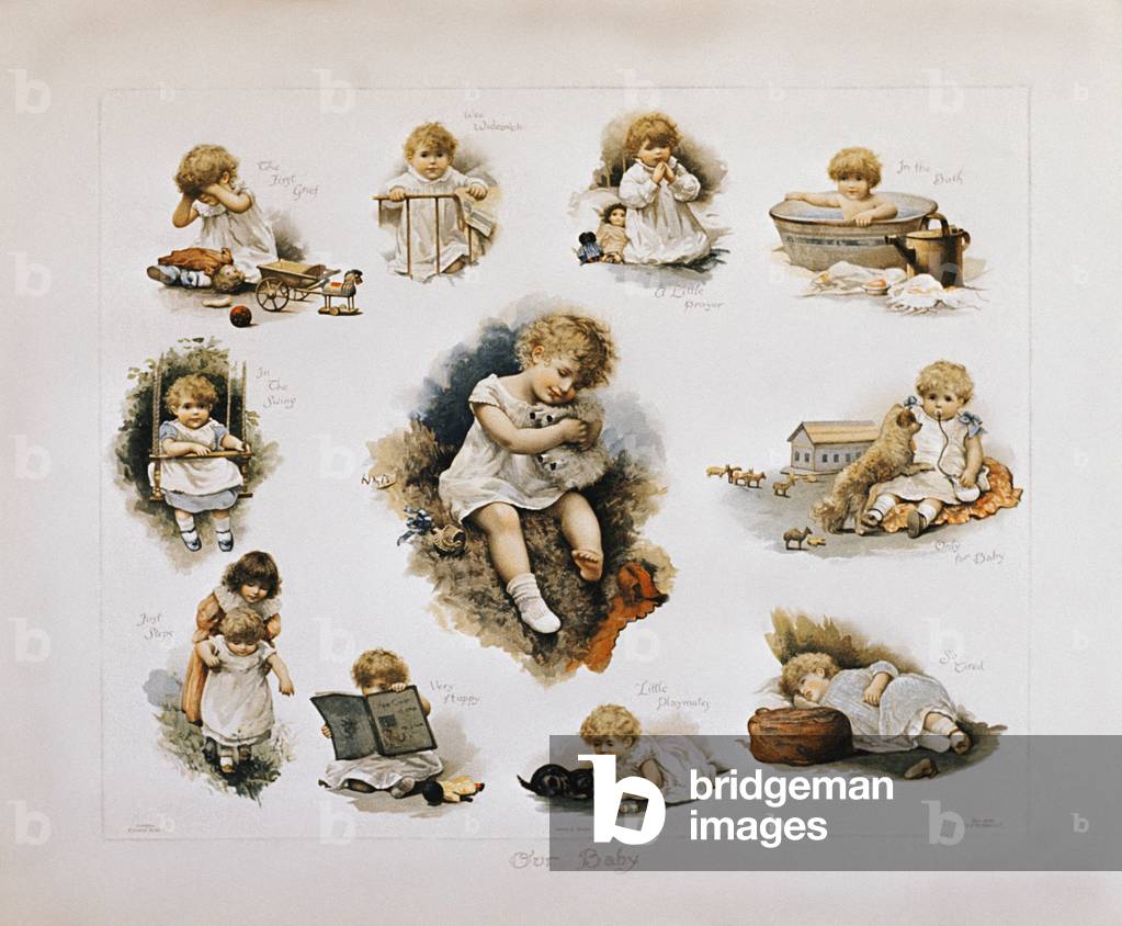Vintage poster of baby girl doing various activities, 1900-09 (lithograph)