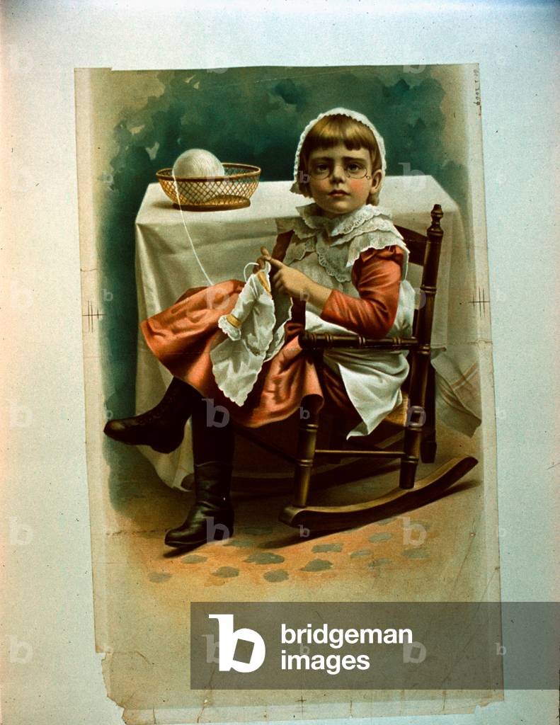 A child knitting (colour litho)