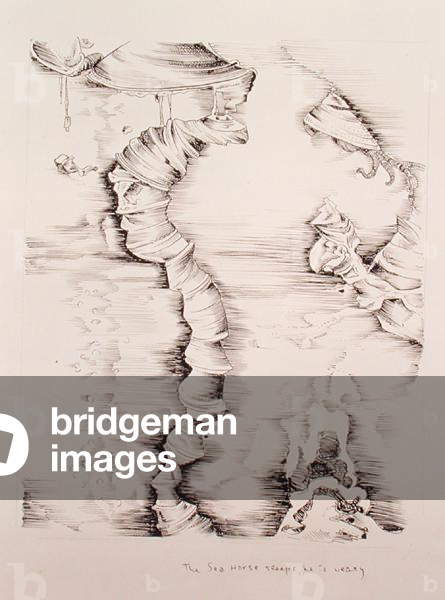 The Sea Horse Sleeps, He is Weary, aus 'Impossible Landscapes' geschrieben von Nat Herz, 1944 (Stift und Tinte