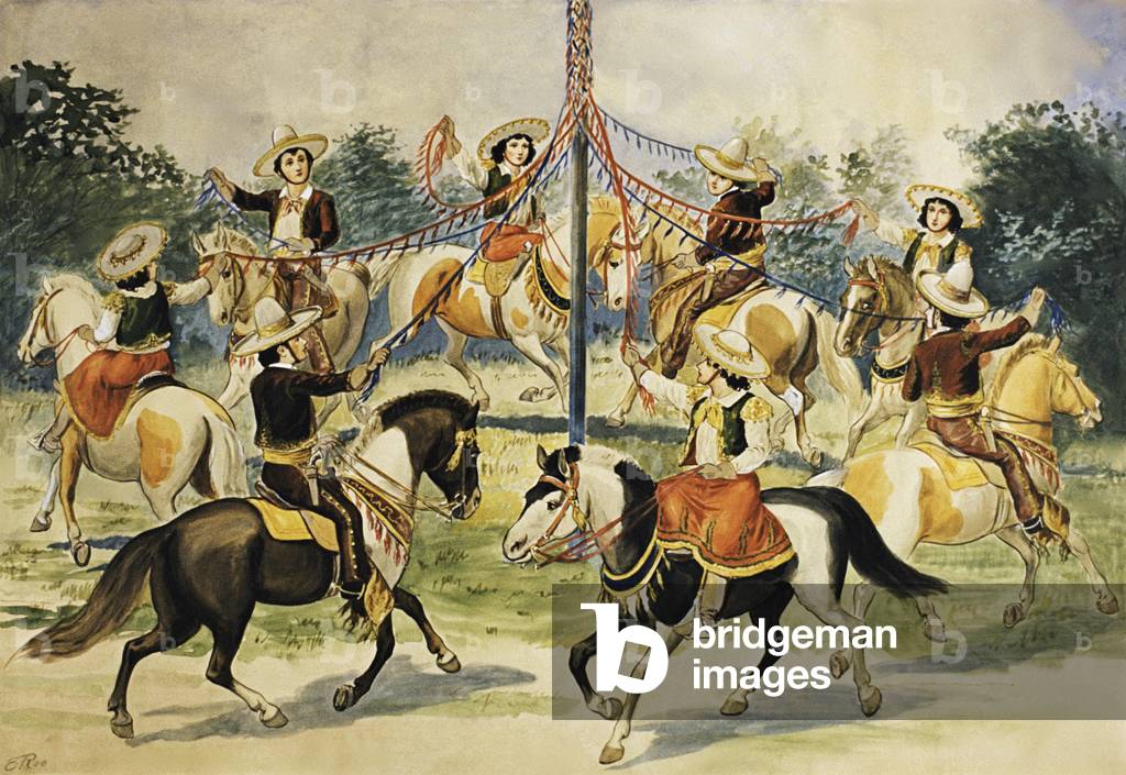 Vintage poster of horse riders wrapping ribbons around maypole (lithograph)