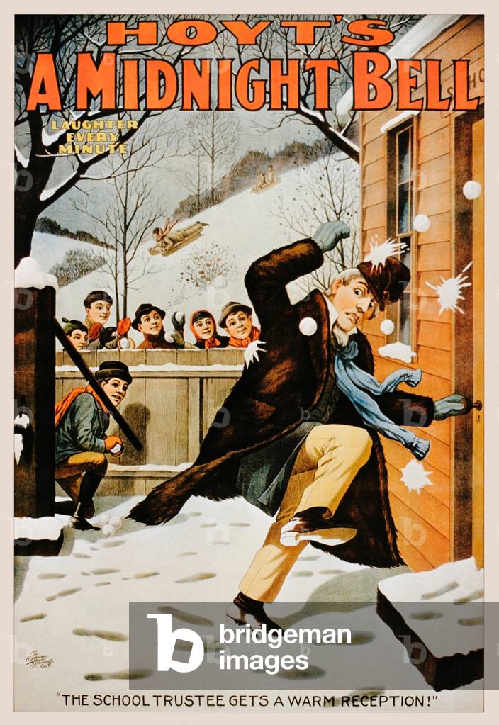 Vintage poster of boys pelting man with snowballs, 1896 (poster)