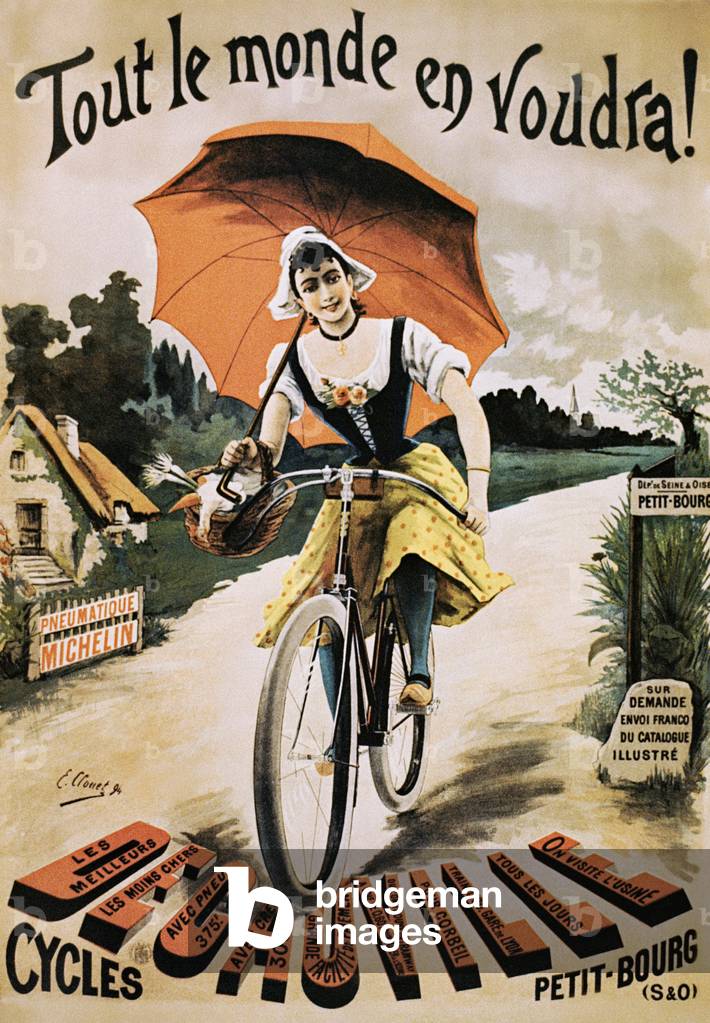 Vintage poster of woman riding bicycle holding red umbrella, 1894 (colour litho)