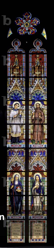 Window with figures of St. Aloysius Gonzaga, St. Francis of Assisi, Blessed Milada and Our Lady, 1945 (stained glass)