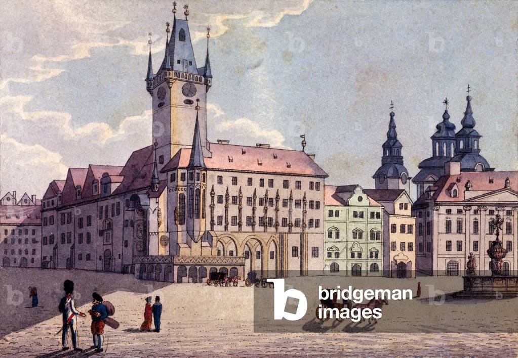 Old Town Square from Celetná Street, Prague, c.1810 (coloured etching)