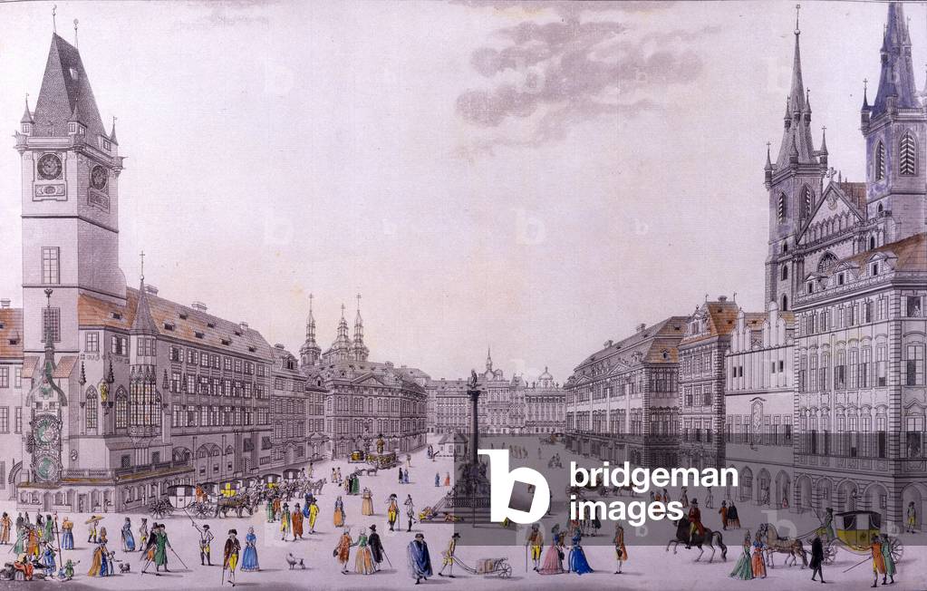 Old Town Square, Prague (coloured etching & copper engraving)