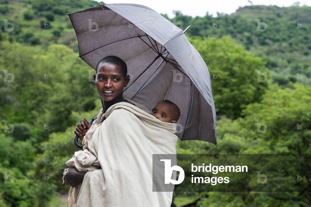 Rural landscape near the Tis Isat Blue Nile Falls of the farmland near Bahir Dar in Ethiopia (photo)