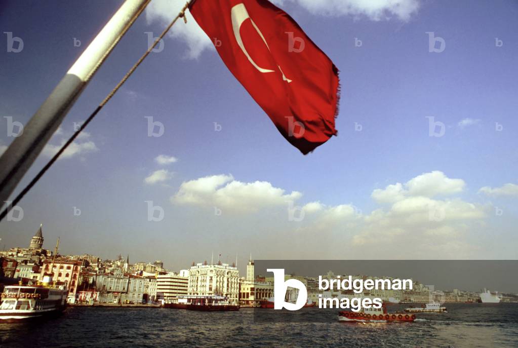 Inside ferry from Uskudar to Eminonu, Turkish flag, Istanbul, Turkey (photo)