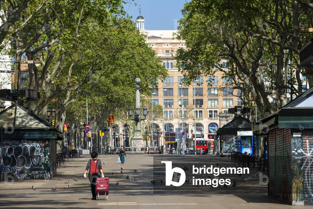 The Ramblas in Barcelona is practically deserted due to the total confinement of the population in Spain, Barcelona, Spain, 9th April 2020 (photo)