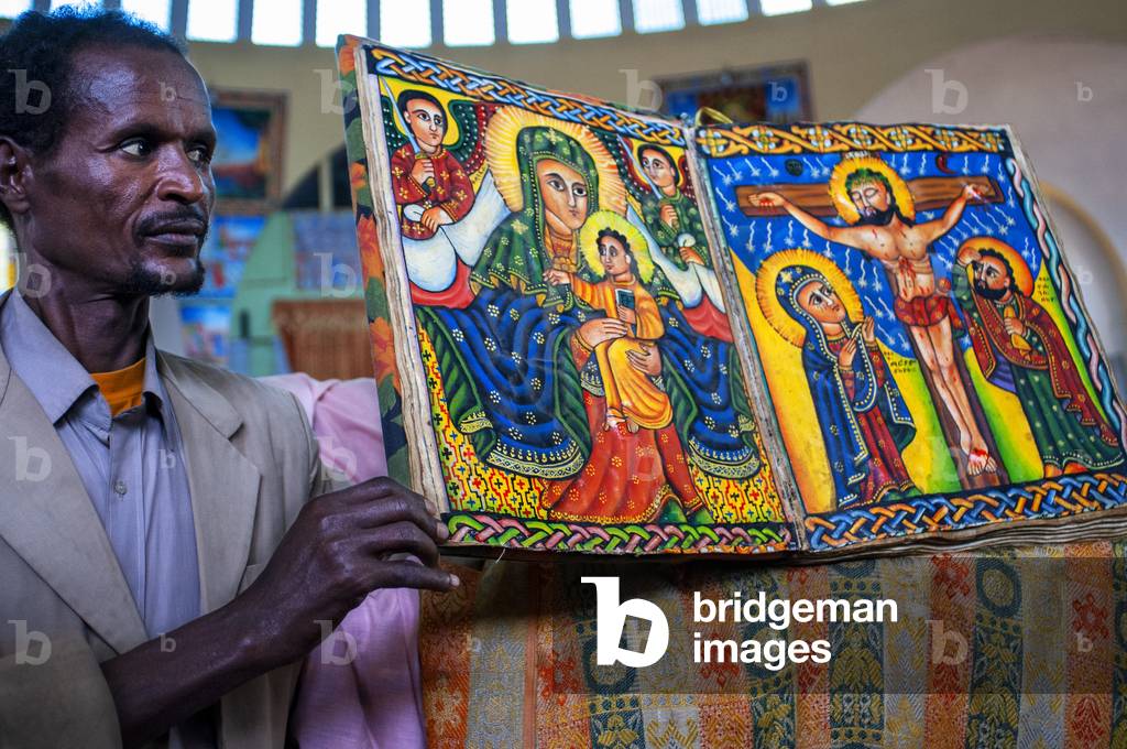 Ancient Bible in Amharic language in the church of Our Lady Mary of Zion in Aksum, Ethiopia (photo)