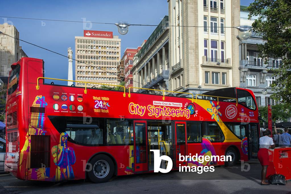 City Sightseeing bus at a stop waiting for tourists in Santa Cruz de Tenerife, Cana, Santa Cruz de Tenerife, Canary Islands, Spain (photo)