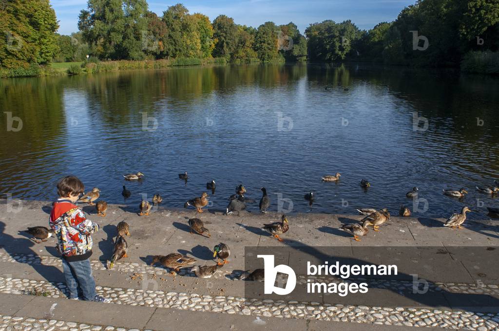 Lake in Schlossgarten Cast iron bridges, gardens of Schloss Charlottenburg, early nineteenth century, castings by Prussian State Foundry, Malapine Silesia in, Berlin, Germany (photo)